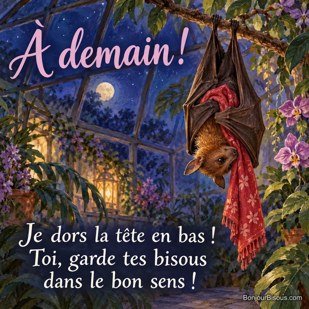 Une petite chauve-souris brune suspendue tête en bas serre une couverture rouge contre elle dans une serre nocturne, avec le message « À demain ! Je dors la tête en bas ! Toi, garde tes bisous dans le bon sens ! ». Une petite chauve-souris brune suspendue tête en bas serre une couverture rouge contre elle dans une serre nocturne, avec le message « À demain ! Je dors la tête en bas ! Toi, garde tes bisous dans le bon sens ! ».