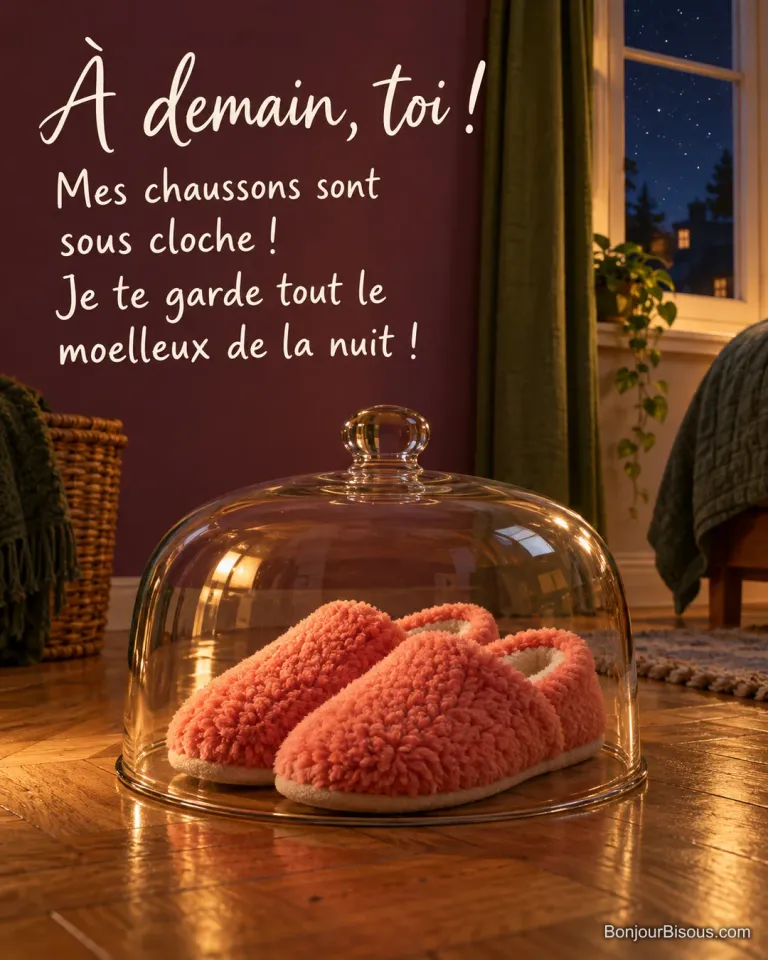 Une cloche à gâteau en verre recouvre une paire de chaussons corail sur le parquet d’une chambre nocturne, avec le message « À demain, toi ! Mes chaussons sont sous cloche ! Je te garde tout le moelleux de la nuit ! ».