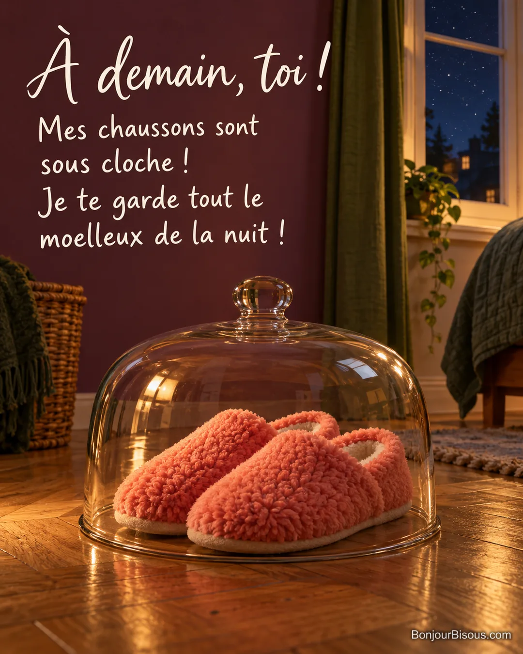 Une cloche à gâteau en verre recouvre une paire de chaussons corail sur le parquet d’une chambre nocturne, avec le message « À demain, toi ! Mes chaussons sont sous cloche ! Je te garde tout le moelleux de la nuit ! ».