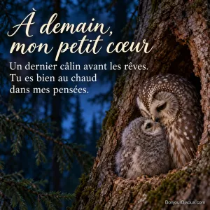 Une chouette adulte brune et blanche et son unique petit se blottissent dans le creux d ?un arbre au c ?ur de la nuit, avec le message ? À demain, mon petit cœur Un dernier câlin avant les rêves. Tu es bien au chaud dans mes pensées. ?.