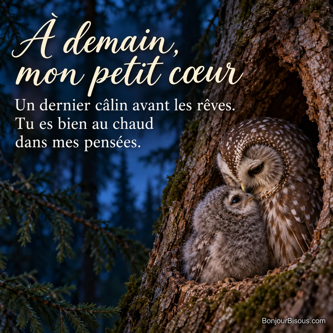Une chouette adulte brune et blanche et son unique petit se blottissent dans le creux d ?un arbre au c ?ur de la nuit, avec le message ? À demain, mon petit cœur Un dernier câlin avant les rêves. Tu es bien au chaud dans mes pensées. ?.