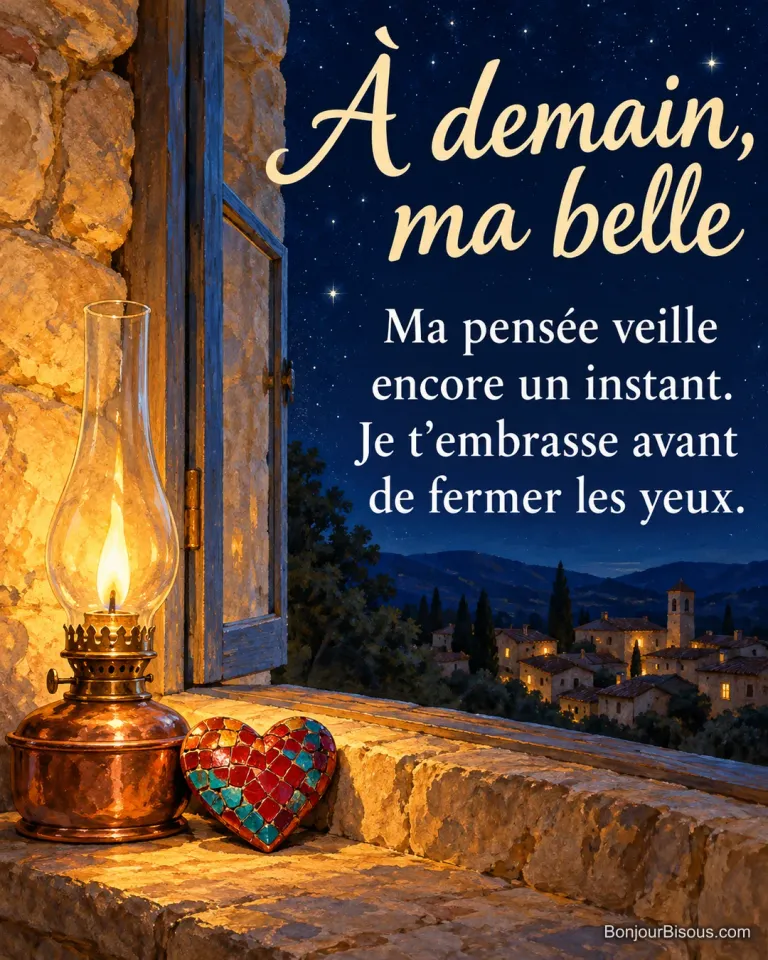 Une lampe à huile en cuivre éclaire un cœur de mosaïque rouge et turquoise dans une niche de pierre devant la nuit, avec le message « À demain, ma belle Ma pensée veille encore un instant. Je t’embrasse avant de fermer les yeux. ».
