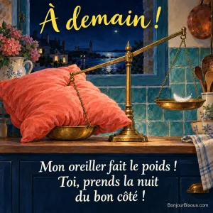 Une balance de cuisine à deux plateaux porte un énorme oreiller corail abaissé face à une petite plume blanche dans une cuisine nocturne, avec le message « À demain ! Mon oreiller fait le poids ! Toi, prends la nuit du bon côté ! ».