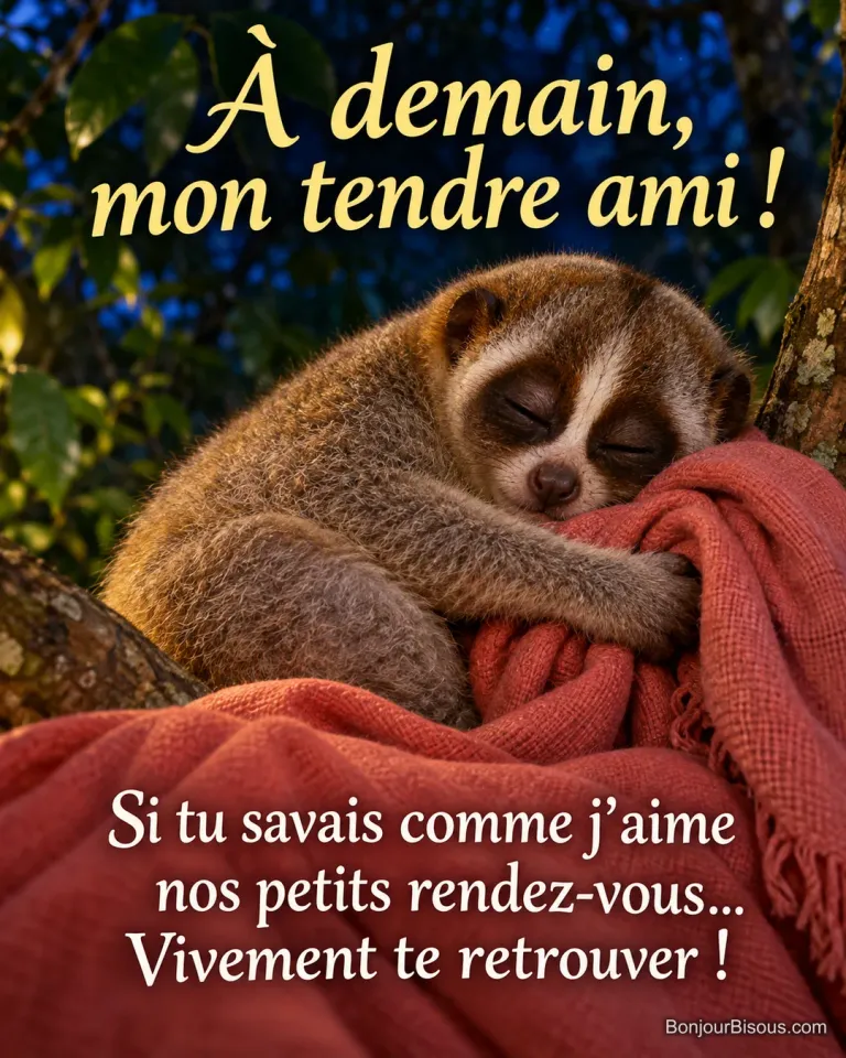 Un petit loris gris dort recroquevillé contre une écharpe corail sur une branche dans un feuillage nocturne, avec le message « À demain, mon tendre ami ! Si tu savais comme j’aime nos petits rendez-vous… Vivement te retrouver ! ».