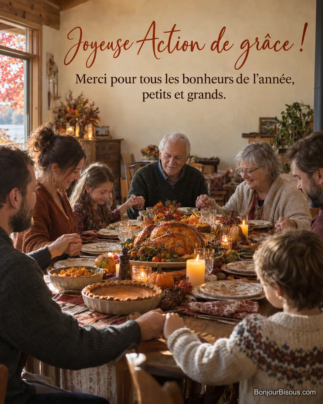 Photo d’une famille de trois générations qui se tient la main autour d’une table d’Action de grâce avec dinde dorée, tarte à la citrouille, courges et bougies, érables rouges à la fenêtre, avec le texte « Joyeuse Action de grâce ! Merci pour tous les bonheurs de l’année, petits et grands. » Photo d’une famille de trois générations qui se tient la main autour d’une table d’Action de grâce avec dinde dorée, tarte à la citrouille, courges et bougies, érables rouges à la fenêtre, avec le texte « Joyeuse Action de grâce ! Merci pour tous les bonheurs de l’année, petits et grands. »