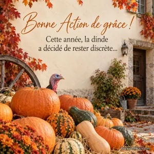Photo d’une dinde qui passe la tête derrière un tas de citrouilles et de courges dans la cour d’une ferme en automne, avec le texte « Bonne Action de grâce ! Cette année, la dinde a décidé de rester discrète… »