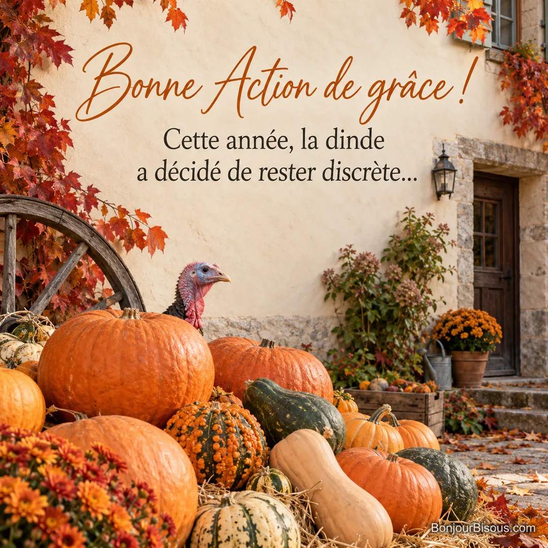Photo d’une dinde qui passe la tête derrière un tas de citrouilles et de courges dans la cour d’une ferme en automne, avec le texte « Bonne Action de grâce ! Cette année, la dinde a décidé de rester discrète… » Photo d’une dinde qui passe la tête derrière un tas de citrouilles et de courges dans la cour d’une ferme en automne, avec le texte « Bonne Action de grâce ! Cette année, la dinde a décidé de rester discrète… »