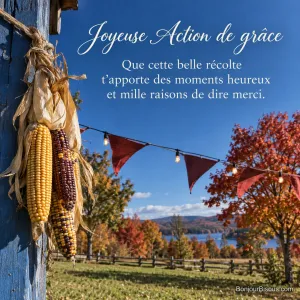 Une tresse de maïs décoratif colore une grange québécoise illuminée pour la fête des récoltes, avec le texte « Joyeuse Action de grâce Que cette belle récolte t’apporte des moments heureux et mille raisons de dire merci. ».