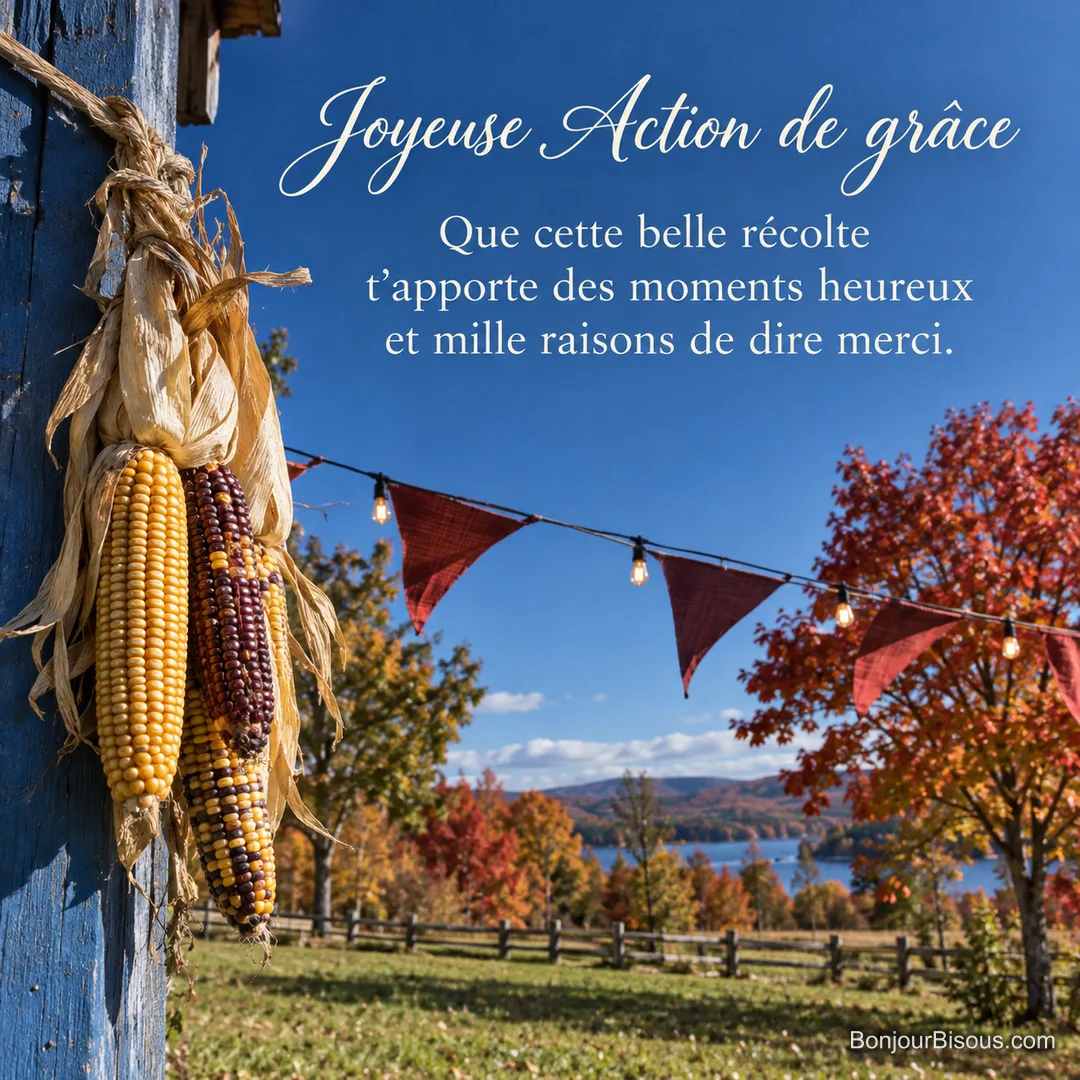 Une tresse de maïs décoratif colore une grange québécoise illuminée pour la fête des récoltes, avec le texte « Joyeuse Action de grâce Que cette belle récolte t’apporte des moments heureux et mille raisons de dire merci. ». Une tresse de maïs décoratif colore une grange québécoise illuminée pour la fête des récoltes, avec le texte « Joyeuse Action de grâce Que cette belle récolte t’apporte des moments heureux et mille raisons de dire merci. ».