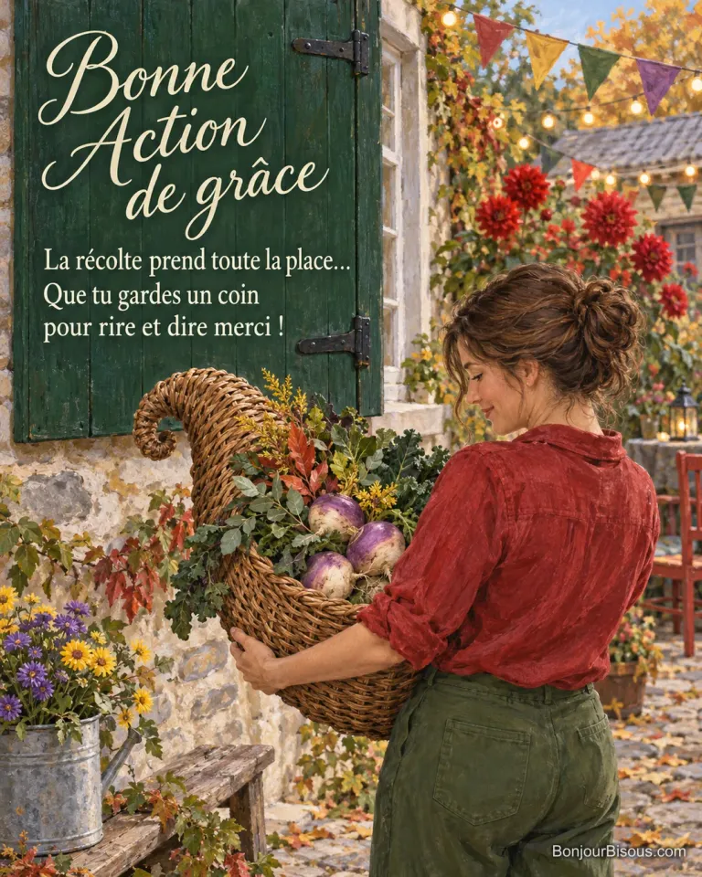 Une femme porte une grande corne d’abondance garnie de navets dans une cour décorée pour les récoltes, avec le texte « Bonne Action de grâce La récolte prend toute la place… Que tu gardes un coin pour rire et dire merci ! ».