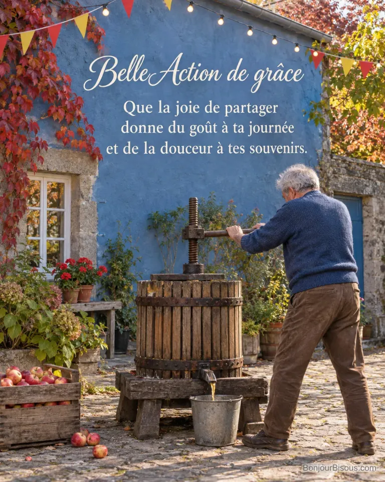 Un homme actionne un pressoir à pommes sous les guirlandes d’une fête des récoltes normande, avec le texte « Belle Action de grâce Que la joie de partager donne du goût à ta journée et de la douceur à tes souvenirs. ».