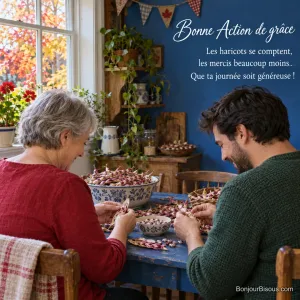 Deux adultes écossent des haricots marbrés dans une cuisine québécoise décorée pour les récoltes, avec le texte « Bonne Action de grâce Les haricots se comptent, les mercis beaucoup moins… Que ta journée soit généreuse ! ».