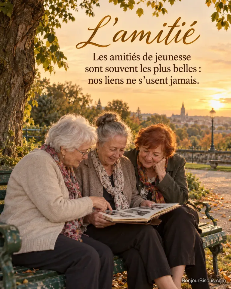 Photo de trois femmes âgées assises sur un banc vert dans un parc, qui regardent ensemble un vieil album photo en riant, avec le texte « L’amitié – Les amitiés de jeunesse sont souvent les plus belles : nos liens ne s’usent jamais. »