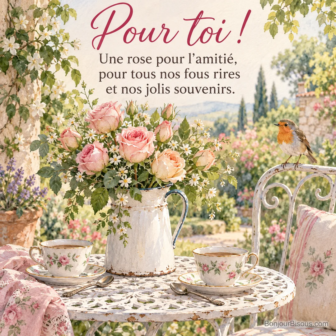 Aquarelle d’un bouquet de roses roses et pêche dans un pot à lait en émail sur une table de jardin, avec deux tasses de thé et un rouge-gorge, avec le texte « Pour toi ! Une rose pour l’amitié, pour tous nos fous rires et nos jolis souvenirs. » Aquarelle d’un bouquet de roses roses et pêche dans un pot à lait en émail sur une table de jardin, avec deux tasses de thé et un rouge-gorge, avec le texte « Pour toi ! Une rose pour l’amitié, pour tous nos fous rires et nos jolis souvenirs. »