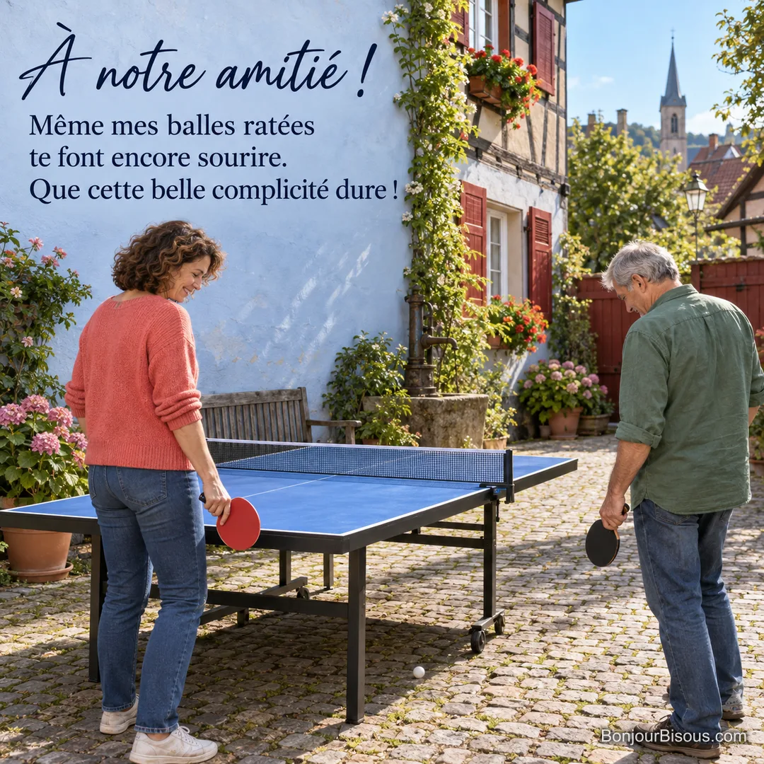 Deux amis jouent au tennis de table dans une cour de village alsacien, avec le texte « À notre amitié ! Même mes balles ratées te font encore sourire. Que cette belle complicité dure ! ». Deux amis jouent au tennis de table dans une cour de village alsacien, avec le texte « À notre amitié ! Même mes balles ratées te font encore sourire. Que cette belle complicité dure ! ».