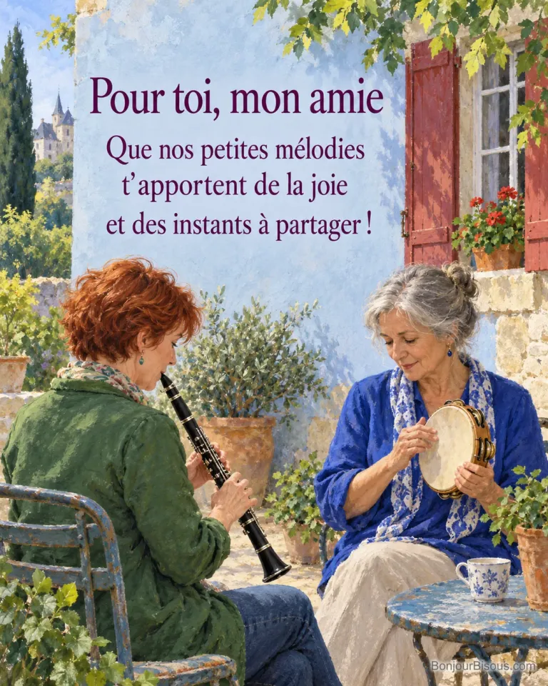 Deux amies jouent de la clarinette et du tambourin dans une cour de Touraine, avec le texte « Pour toi, mon amie Que nos petites mélodies t’apportent de la joie et des instants à partager ! ».
