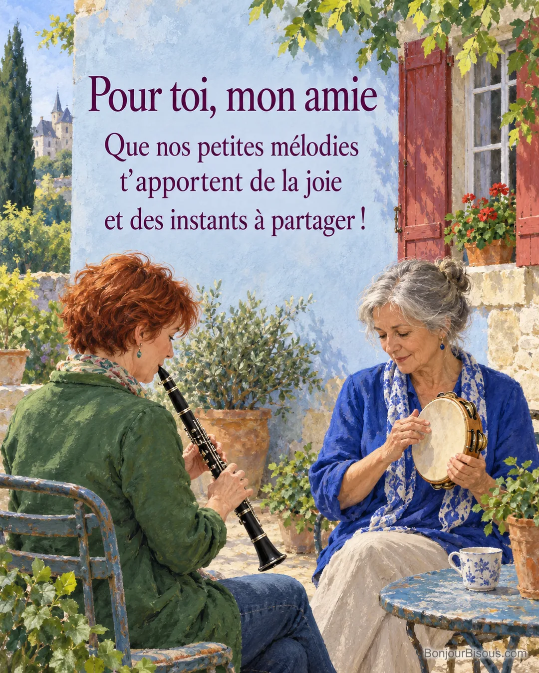 Deux amies jouent de la clarinette et du tambourin dans une cour de Touraine, avec le texte « Pour toi, mon amie Que nos petites mélodies t’apportent de la joie et des instants à partager ! ». Deux amies jouent de la clarinette et du tambourin dans une cour de Touraine, avec le texte « Pour toi, mon amie Que nos petites mélodies t’apportent de la joie et des instants à partager ! ».