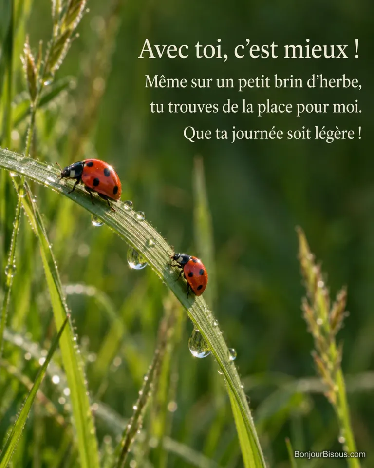 Deux coccinelles avancent sur un brin d’herbe dans une prairie normande, avec le texte « Avec toi, c’est mieux ! Même sur un petit brin d’herbe, tu trouves de la place pour moi. Que ta journée soit légère ! ».