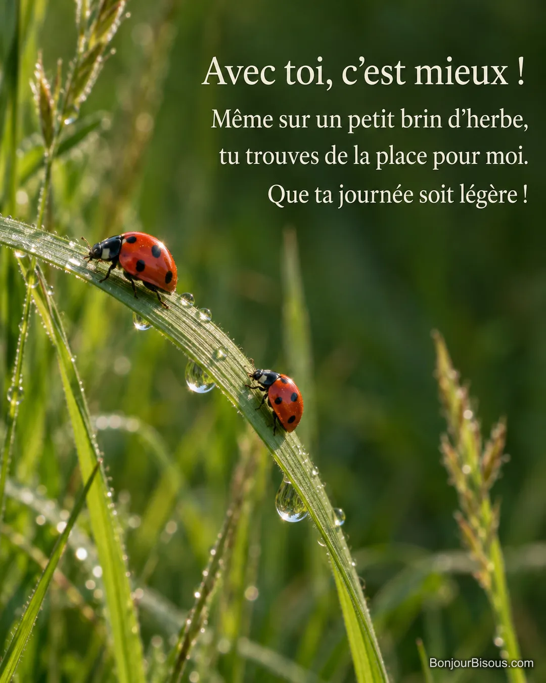 Deux coccinelles avancent sur un brin d’herbe dans une prairie normande, avec le texte « Avec toi, c’est mieux ! Même sur un petit brin d’herbe, tu trouves de la place pour moi. Que ta journée soit légère ! ». Deux coccinelles avancent sur un brin d’herbe dans une prairie normande, avec le texte « Avec toi, c’est mieux ! Même sur un petit brin d’herbe, tu trouves de la place pour moi. Que ta journée soit légère ! ».