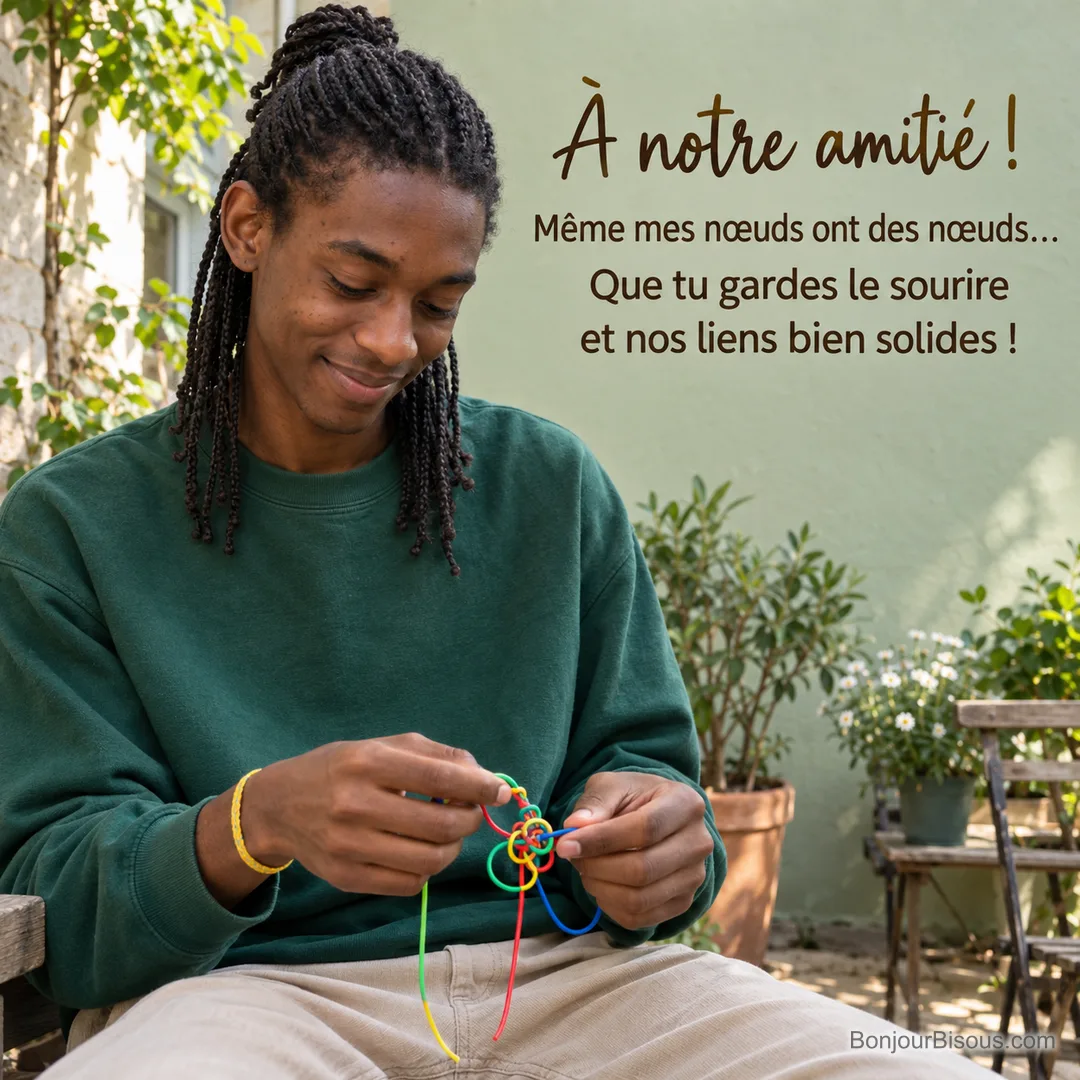 Un jeune homme démêle un scoubidou multicolore dans une cour associative nantaise, avec le texte « À notre amitié ! Même mes nœuds ont des nœuds… Que tu gardes le sourire et nos liens bien solides ! ». Un jeune homme démêle un scoubidou multicolore dans une cour associative nantaise, avec le texte « À notre amitié ! Même mes nœuds ont des nœuds… Que tu gardes le sourire et nos liens bien solides ! ».
