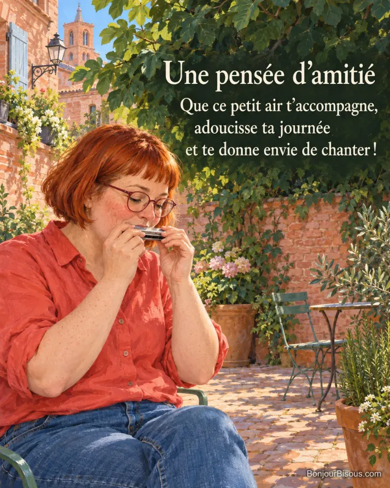 Une femme joue de l’harmonica dans une cour de briques roses à Toulouse, avec le texte « Une pensée d’amitié Que ce petit air t’accompagne, adoucisse ta journée et te donne envie de chanter ! ».