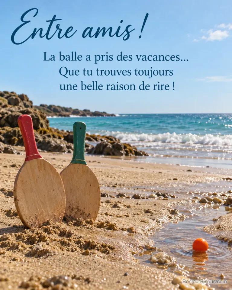 Deux raquettes restent dans le sable tandis qu’une balle orange flotte dans une rigole sur une plage vendéenne, avec le texte « Entre amis ! La balle a pris des vacances… Que tu trouves toujours une belle raison de rire ! ».