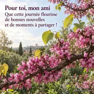 Une branche d’arbre de Judée couverte de fleurs roses s’éclaire dans un jardin montpelliérain au printemps, avec le texte « Pour toi, mon ami Que cette journée fleurisse de bonnes nouvelles et de moments à partager ! ».