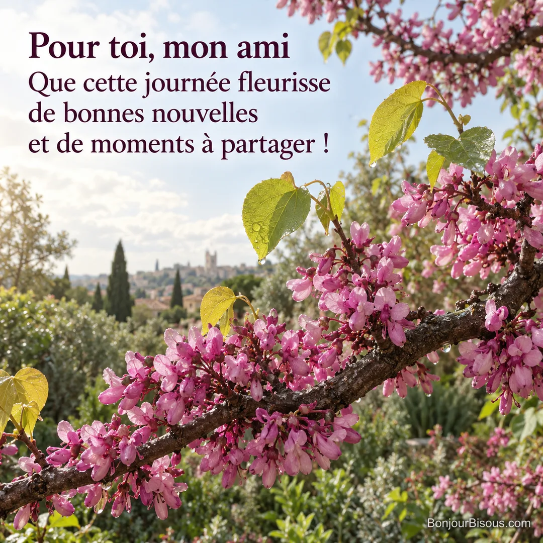 Une branche d’arbre de Judée couverte de fleurs roses s’éclaire dans un jardin montpelliérain au printemps, avec le texte « Pour toi, mon ami Que cette journée fleurisse de bonnes nouvelles et de moments à partager ! ». Une branche d’arbre de Judée couverte de fleurs roses s’éclaire dans un jardin montpelliérain au printemps, avec le texte « Pour toi, mon ami Que cette journée fleurisse de bonnes nouvelles et de moments à partager ! ».