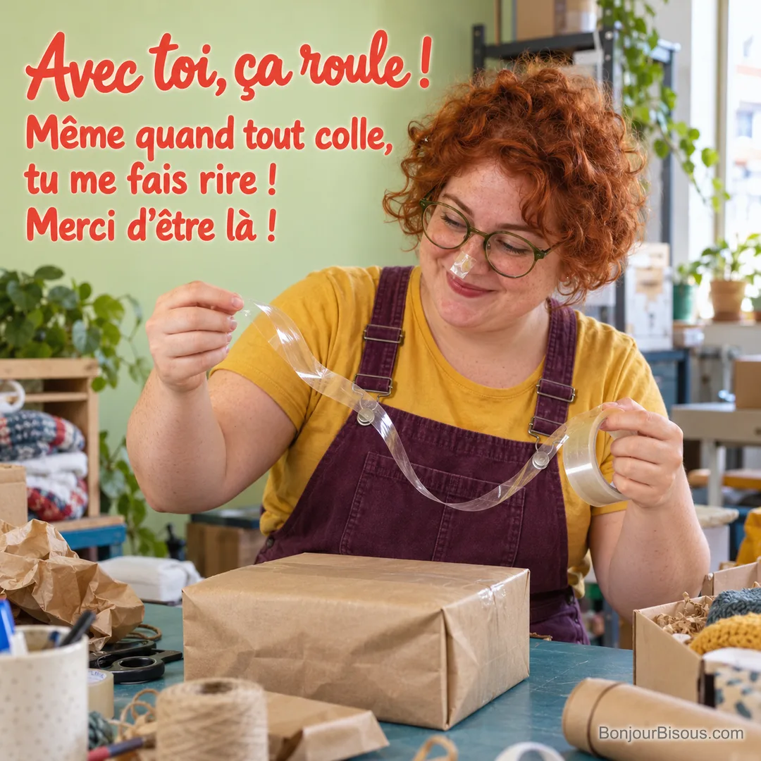 Une jeune femme rit d’un ruban adhésif collé sur son nez et entre ses mains, avec le texte « Avec toi, ça roule ! Même quand tout colle, tu me fais rire ! Merci d’être là ! ». Une jeune femme rit d’un ruban adhésif collé sur son nez et entre ses mains, avec le texte « Avec toi, ça roule ! Même quand tout colle, tu me fais rire ! Merci d’être là ! ».