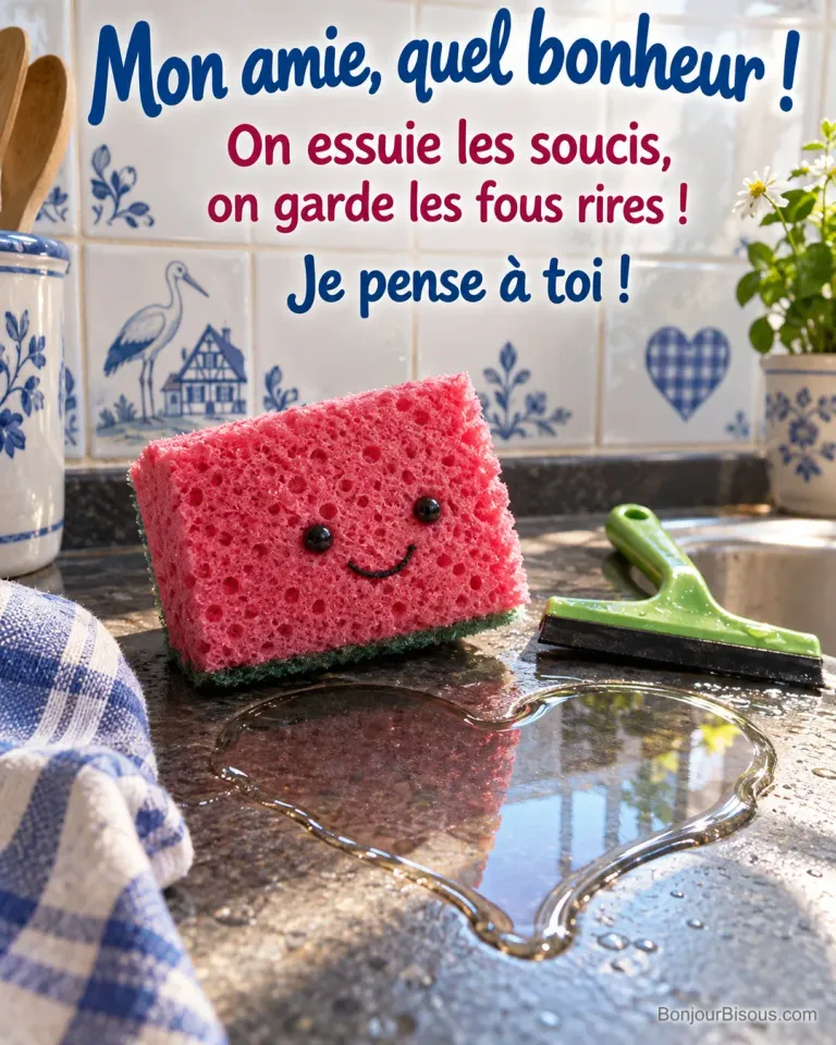 Une éponge rose souriante contemple une flaque en cœur et une petite raclette de travers, avec le texte « Mon amie, quel bonheur ! On essuie les soucis, on garde les fous rires ! Je pense à toi ! ».