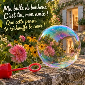 Une grande bulle irisée reflète un jardin fleuri et une porte accueillante, avec le texte « Ma bulle de bonheur C’est toi, mon amie ! Que cette pensée te réchauffe le cœur ! ».
