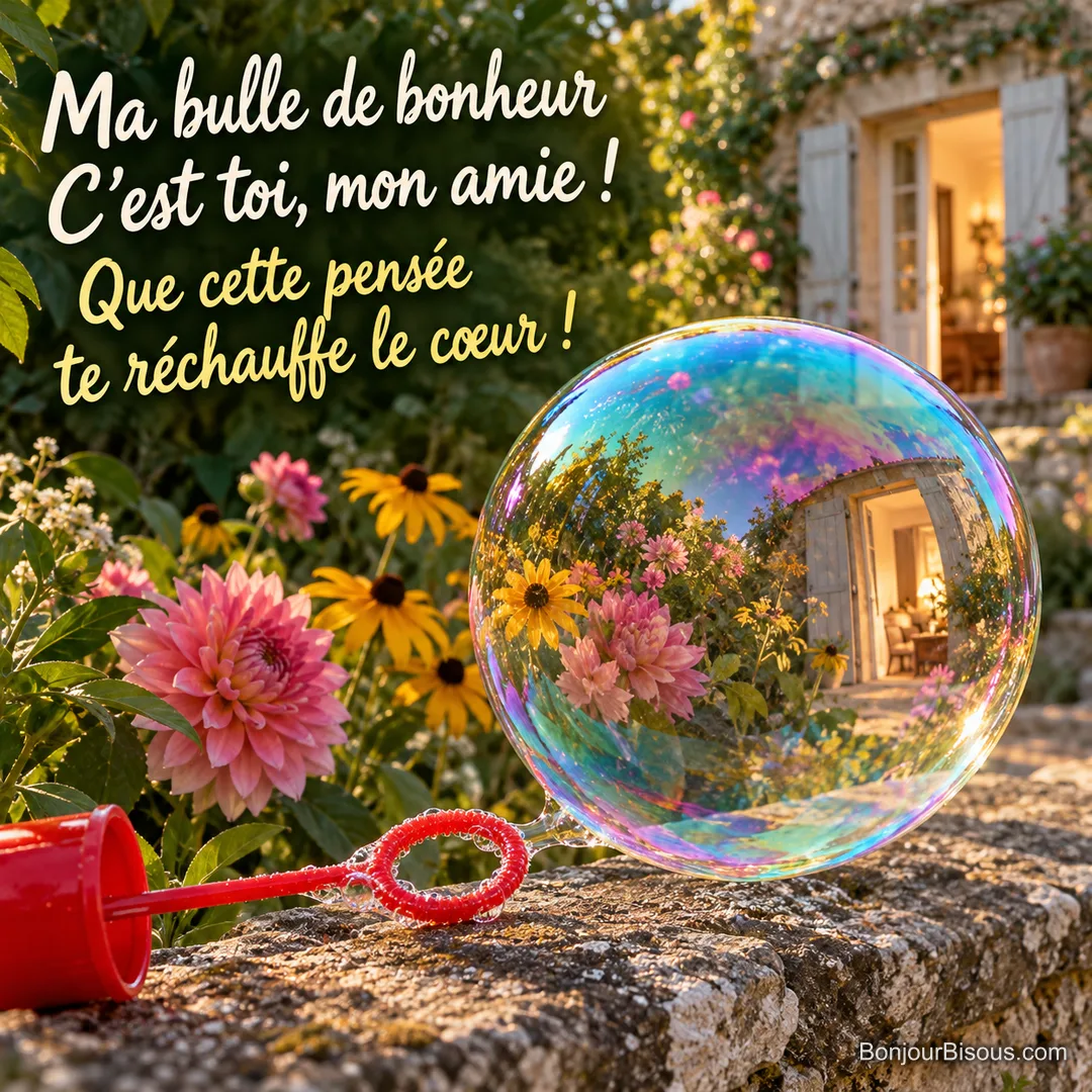 Une grande bulle irisée reflète un jardin fleuri et une porte accueillante, avec le texte « Ma bulle de bonheur C’est toi, mon amie ! Que cette pensée te réchauffe le cœur ! ». Une grande bulle irisée reflète un jardin fleuri et une porte accueillante, avec le texte « Ma bulle de bonheur C’est toi, mon amie ! Que cette pensée te réchauffe le cœur ! ».