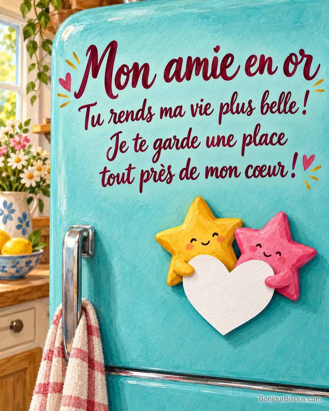 Deux aimants en étoiles souriantes retiennent ensemble un papier en cœur sur un réfrigérateur turquoise, avec le texte « Mon amie en or Tu rends ma vie plus belle ! Je te garde une place tout près de mon cœur ! ». Deux aimants en étoiles souriantes retiennent ensemble un papier en cœur sur un réfrigérateur turquoise, avec le texte « Mon amie en or Tu rends ma vie plus belle ! Je te garde une place tout près de mon cœur ! ».