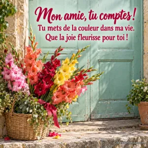 Une brassée de glaïeuls multicolores s’ouvre généreusement devant une porte vert d’eau, avec le message « Mon amie, tu comptes ! Tu mets de la couleur dans ma vie. Que la joie fleurisse pour toi ! ».