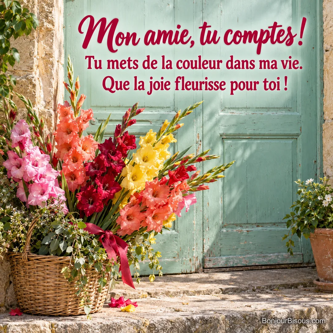 Une brassée de glaïeuls multicolores s’ouvre généreusement devant une porte vert d’eau, avec le message « Mon amie, tu comptes ! Tu mets de la couleur dans ma vie. Que la joie fleurisse pour toi ! ».