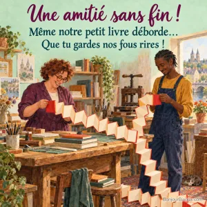 Une relieuse et son ami découvrent un tout petit livre qui se déplie en un immense accordéon, avec le message « Une amitié sans fin ! Même notre petit livre déborde… Que tu gardes nos fous rires ! ».