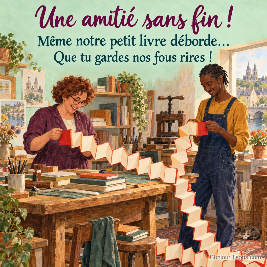 Une relieuse et son ami découvrent un tout petit livre qui se déplie en un immense accordéon, avec le message « Une amitié sans fin ! Même notre petit livre déborde… Que tu gardes nos fous rires ! ».