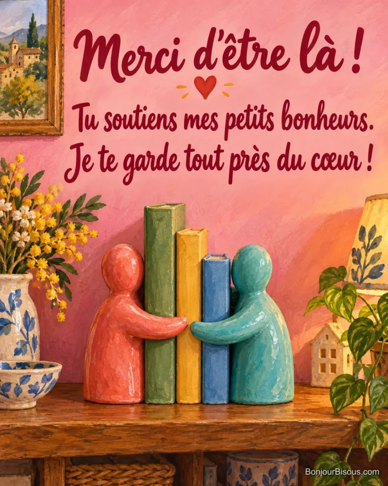 Deux serre-livres de céramique corail et turquoise entourent trois livres comme dans une étreinte, avec le message « Merci d’être là ! Tu soutiens mes petits bonheurs. Je te garde tout près du cœur ! ».