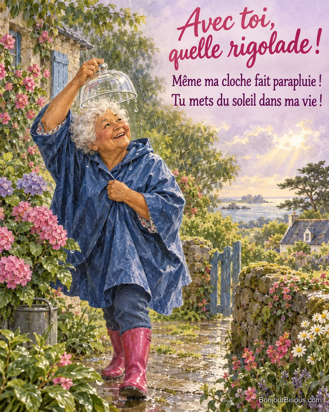 Une jardinière en cape bleue rit sous une petite cloche à fromage tenue au-dessus de ses cheveux pour se protéger de la pluie, avec le texte « Avec toi, quelle rigolade ! Même ma cloche fait parapluie ! Tu mets du soleil dans ma vie ! ».
