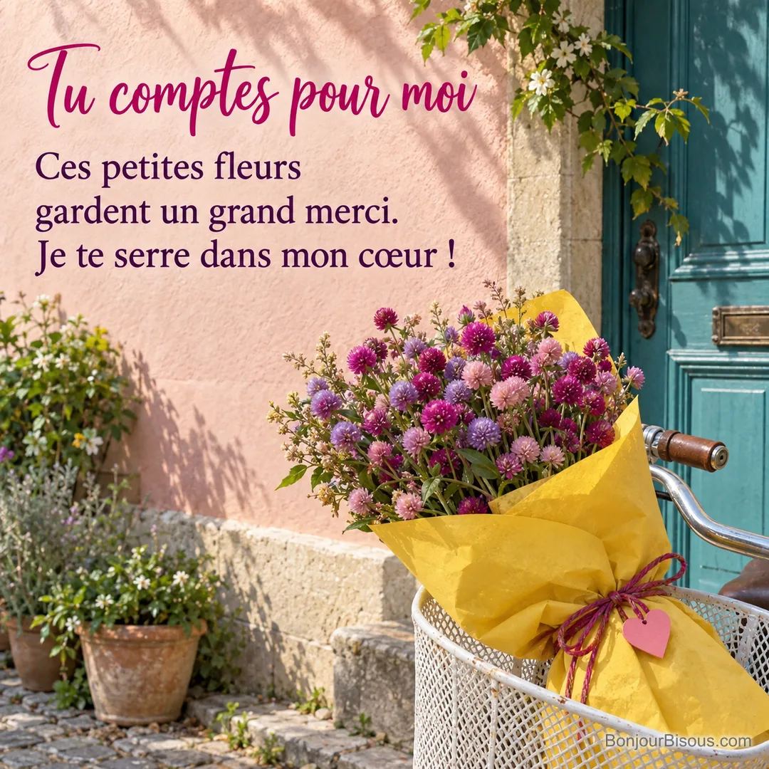 Une brassée de gomphrénas roses et violettes attend dans le panier d’un vélo devant une porte turquoise, avec le texte « Tu comptes pour moi Ces petites fleurs gardent un grand merci. Je te serre dans mon cœur ! ». Une brassée de gomphrénas roses et violettes attend dans le panier d’un vélo devant une porte turquoise, avec le texte « Tu comptes pour moi Ces petites fleurs gardent un grand merci. Je te serre dans mon cœur ! ».