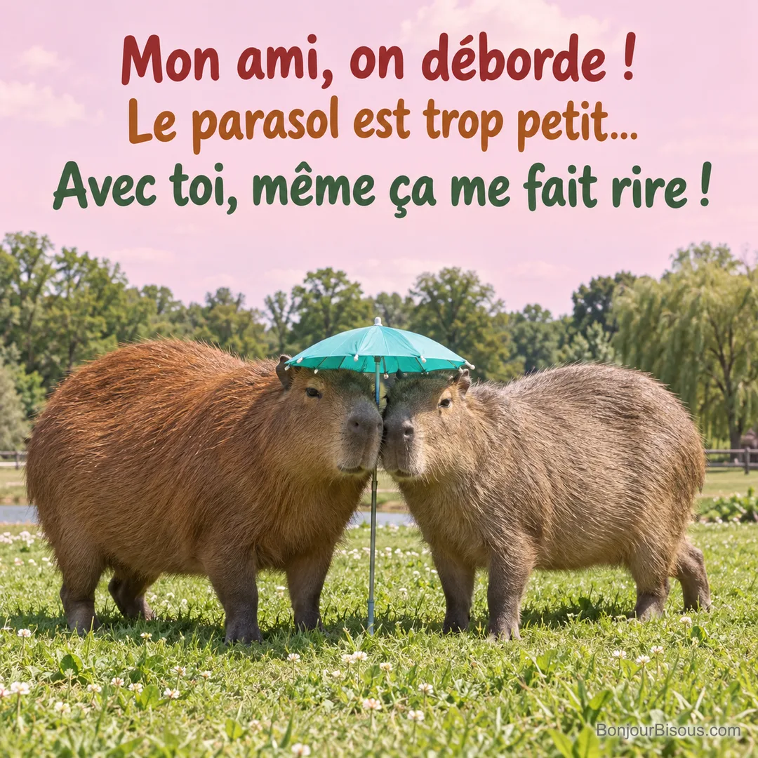 Deux capybaras sous un parasol trop petit, avec le message « Mon ami, on déborde ! Le parasol est trop petit… Avec toi, même ça me fait rire ! ».