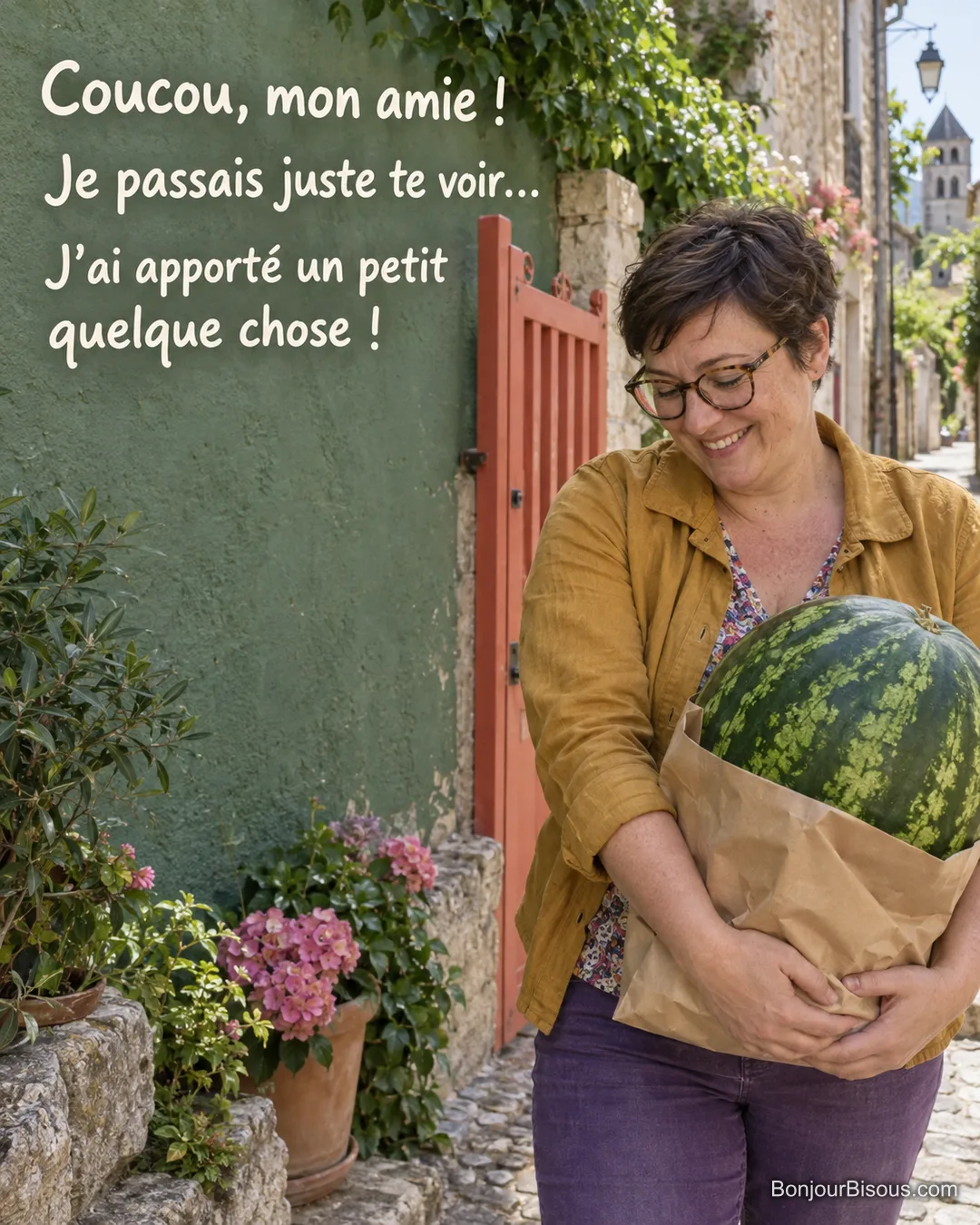 Une femme apporte une pastèque énorme dans un petit sac, avec le message « Coucou, mon amie ! Je passais juste te voir… J’ai apporté un petit quelque chose ! ». Une femme apporte une pastèque énorme dans un petit sac, avec le message « Coucou, mon amie ! Je passais juste te voir… J’ai apporté un petit quelque chose ! ».