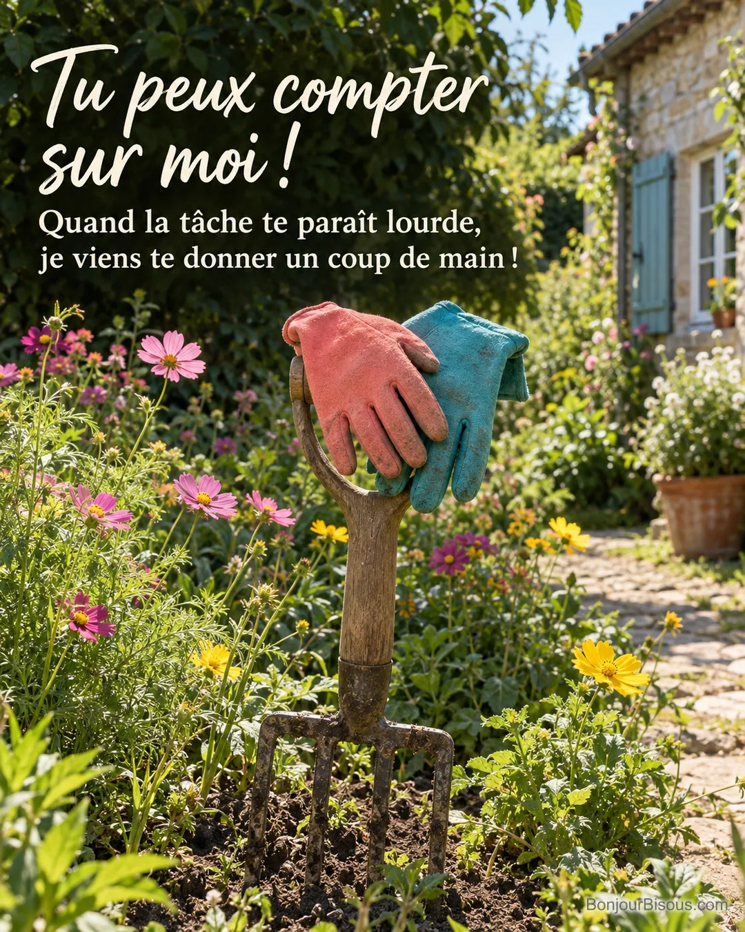 Deux gants de jardinage sur une fourche-bêche, avec le message « Tu peux compter sur moi ! Quand la tâche te paraît lourde, je viens te donner un coup de main ! ».