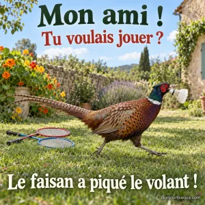 Un faisan s’enfuit avec un volant de badminton tandis que deux raquettes restent dans l’herbe. Le message est : « Mon ami ! Tu voulais jouer ? Le faisan a piqué le volant ! ».