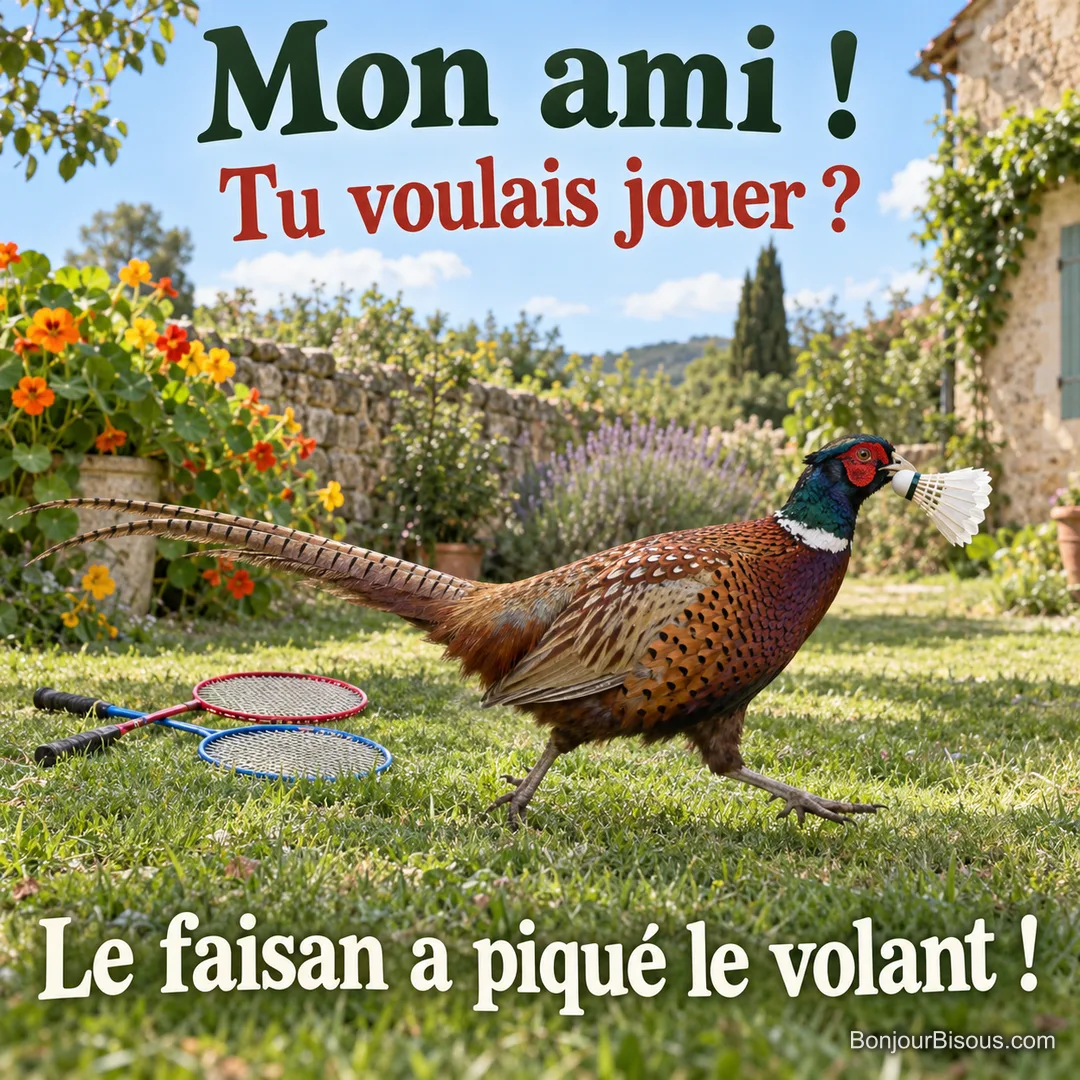 Un faisan s’enfuit avec un volant de badminton tandis que deux raquettes restent dans l’herbe. Le message est : « Mon ami ! Tu voulais jouer ? Le faisan a piqué le volant ! ».