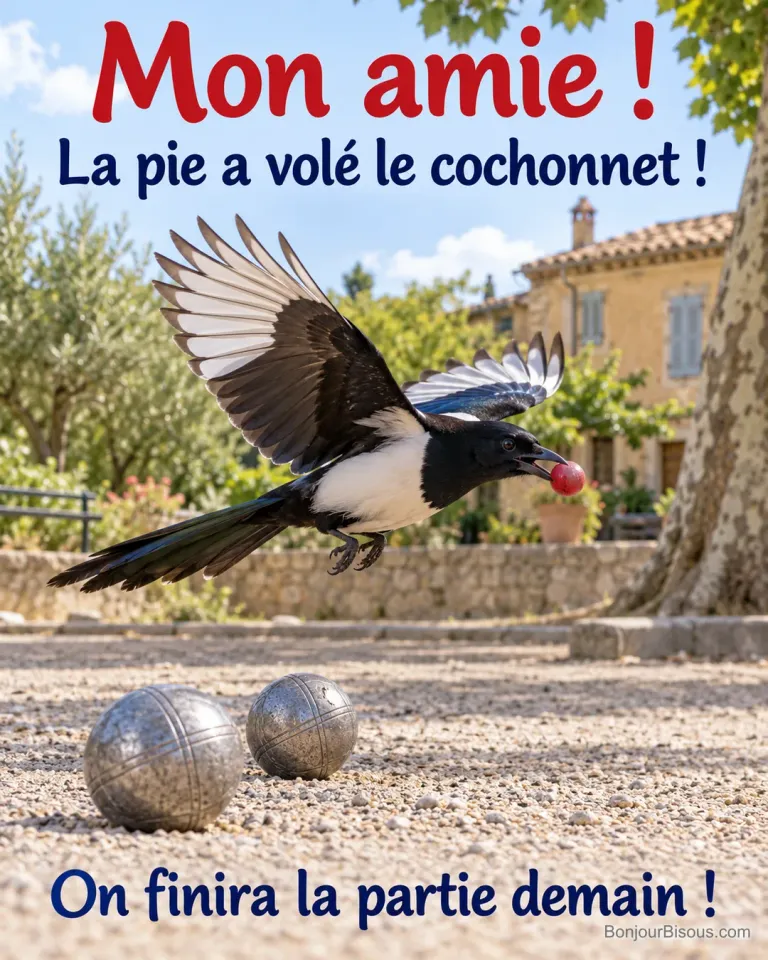 Une pie emporte le cochonnet rouge d’une partie de pétanque et laisse deux boules dans le gravier. Le message est : « Mon amie ! La pie a volé le cochonnet ! On finira la partie demain ! ».