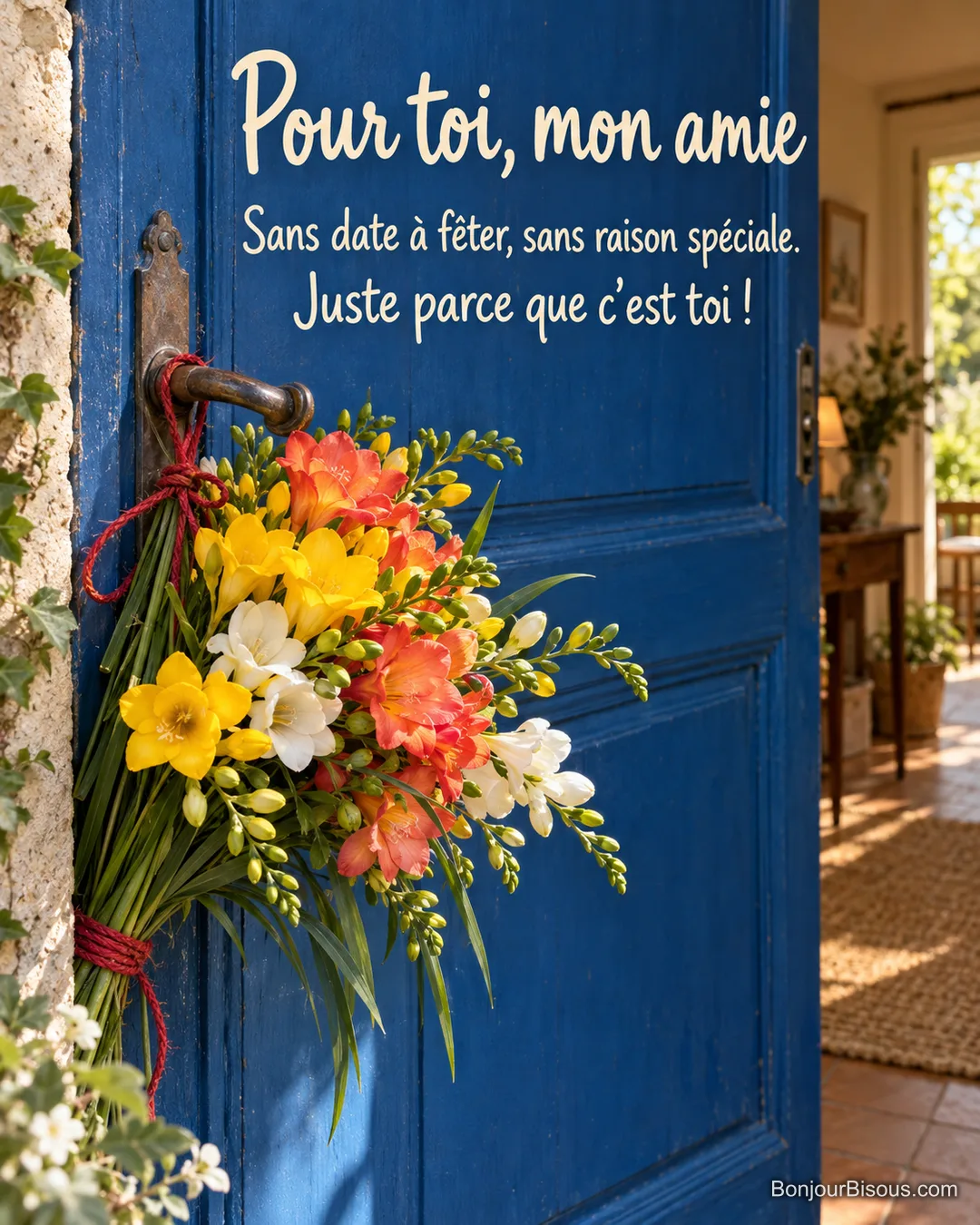 Un bouquet de freesias jaunes, orange et blancs attend sur la poignée d’une porte bleue entrouverte. Le message est : « Pour toi, mon amie Sans date à fêter, sans raison spéciale. Juste parce que c’est toi ! ».