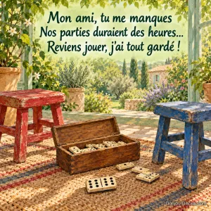 Un ancien jeu de dominos attend entre deux petits tabourets colorés, invitation à retrouver un ami. Le message est : « Mon ami, tu me manques Nos parties duraient des heures… Reviens jouer, j’ai tout gardé ! ».