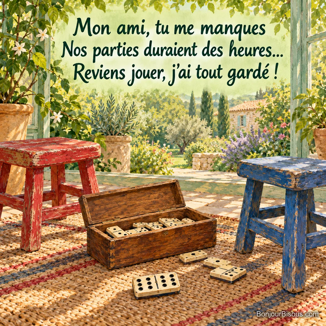 Un ancien jeu de dominos attend entre deux petits tabourets colorés, invitation à retrouver un ami. Le message est : « Mon ami, tu me manques Nos parties duraient des heures… Reviens jouer, j’ai tout gardé ! ». Un ancien jeu de dominos attend entre deux petits tabourets colorés, invitation à retrouver un ami. Le message est : « Mon ami, tu me manques Nos parties duraient des heures… Reviens jouer, j’ai tout gardé ! ».
