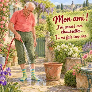 Un jardinier rit en découvrant que son tuyau arrose ses propres chaussettes rayées. Le message est : « Mon ami ! J’ai arrosé mes chaussettes… Tu me fais trop rire ! ».